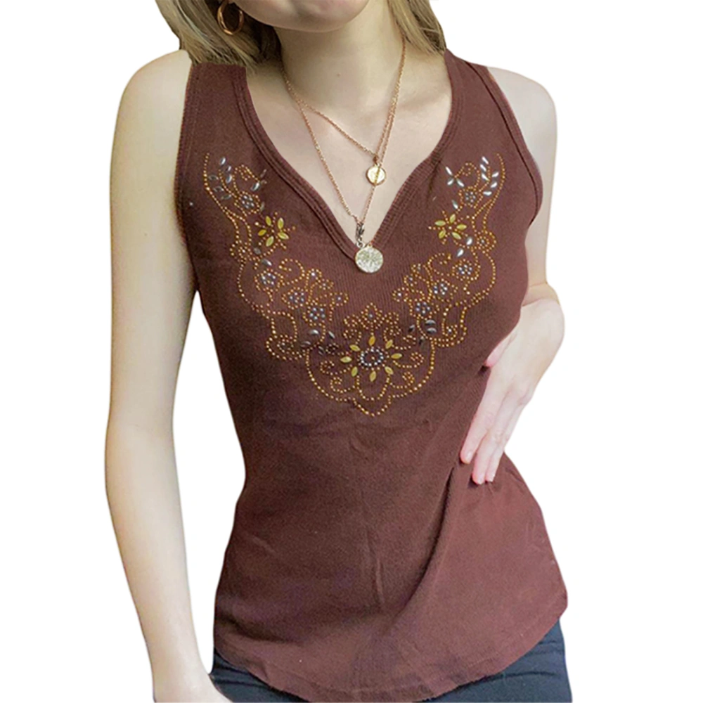 Women's Bohemian Floral Pattern Sleeveless V Neck Beaded Tank Tops