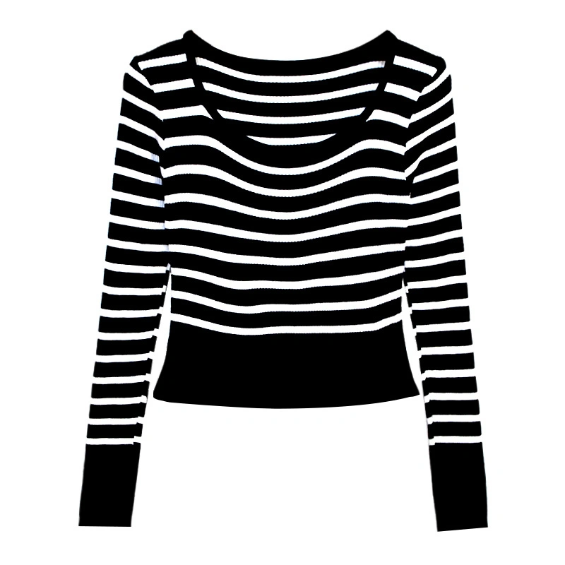 Women Knitting Shirt, Long Sleeve Round Neck Striped Casual Tops 