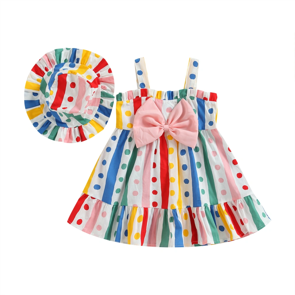 Baby Girl Slip Dress Set Striped Dots Print Bowknot A-line Dress + Hat