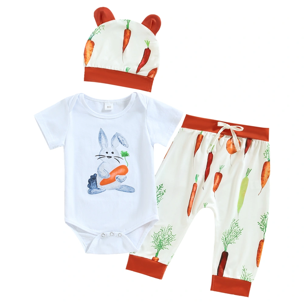 Baby White Short Sleeve Bunny Print Romper + Carrot Print Pants + Hat