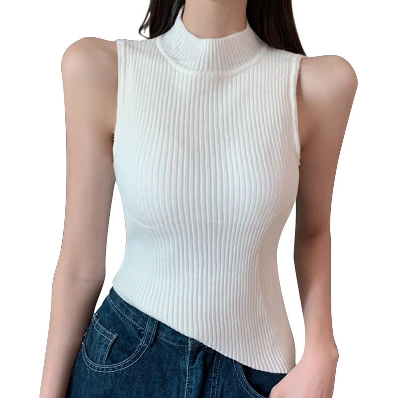 Solid Color/ Striped Mock Neck Irregular Vest Close-Fitting Tops