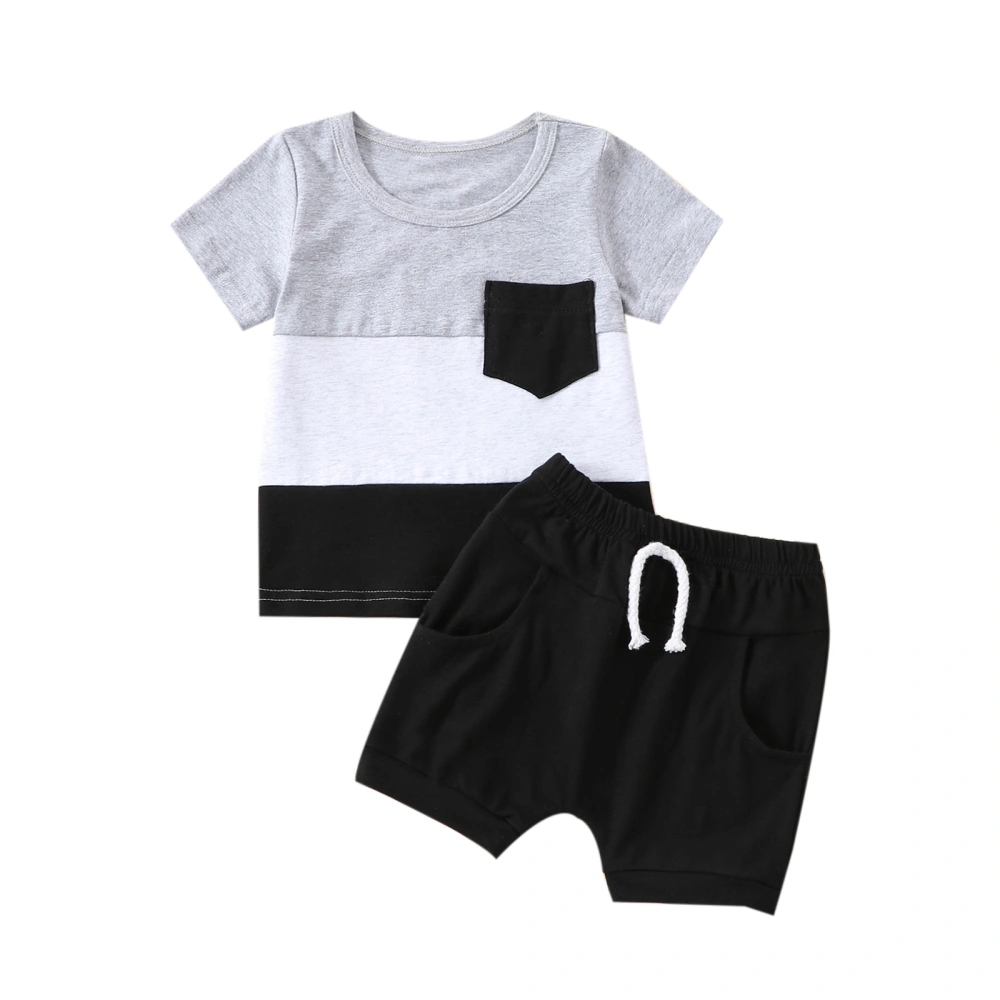 Boys Striped Print Loose Chest Pocket Shirt + Drawstring Short Pants 