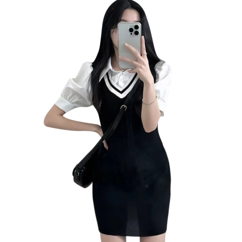 Women College Style Bodycon Dress Patchwork Summer Knit Dress