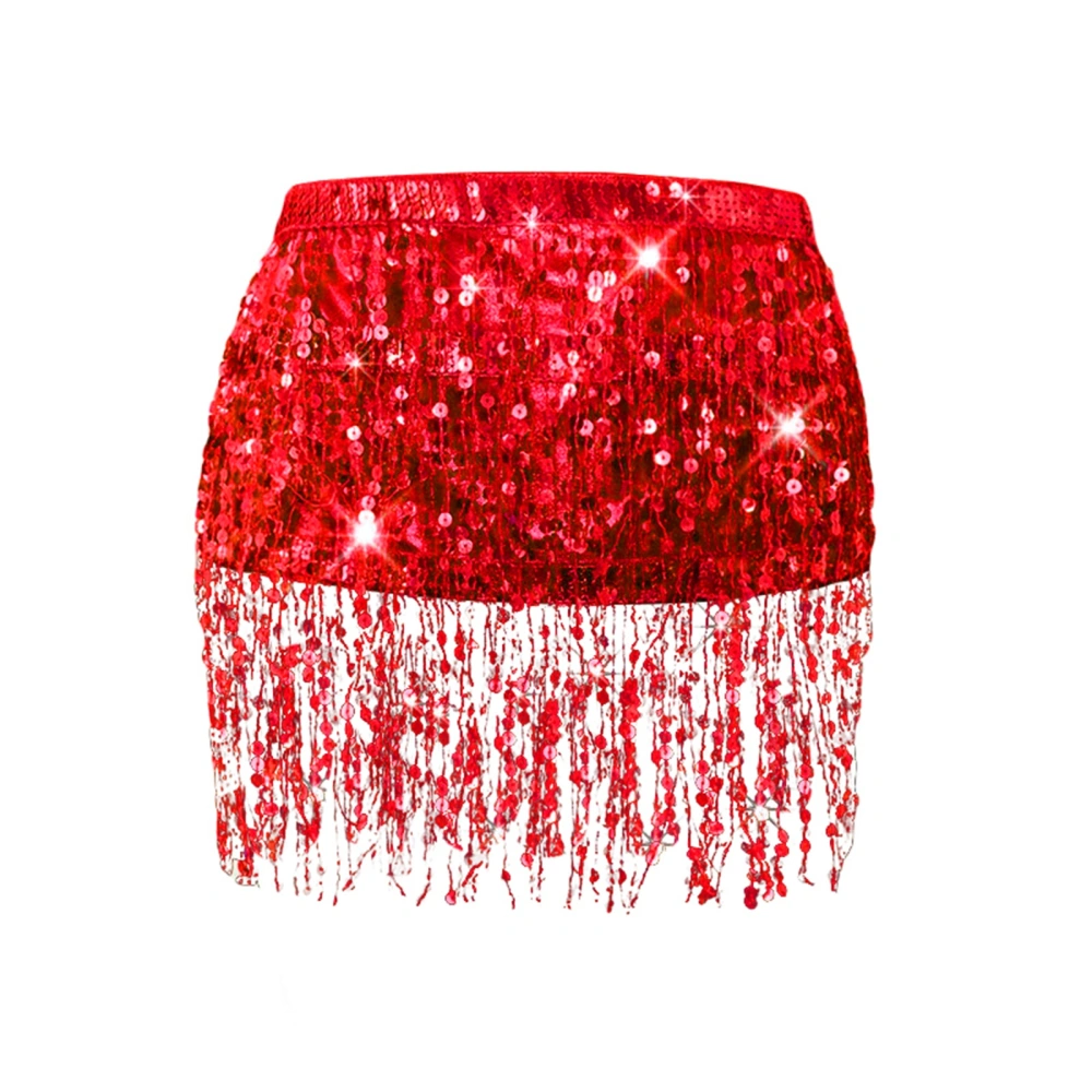 Women Sequined Belly Skirt, Glitters Fringe Miniskirt with Tied Waist