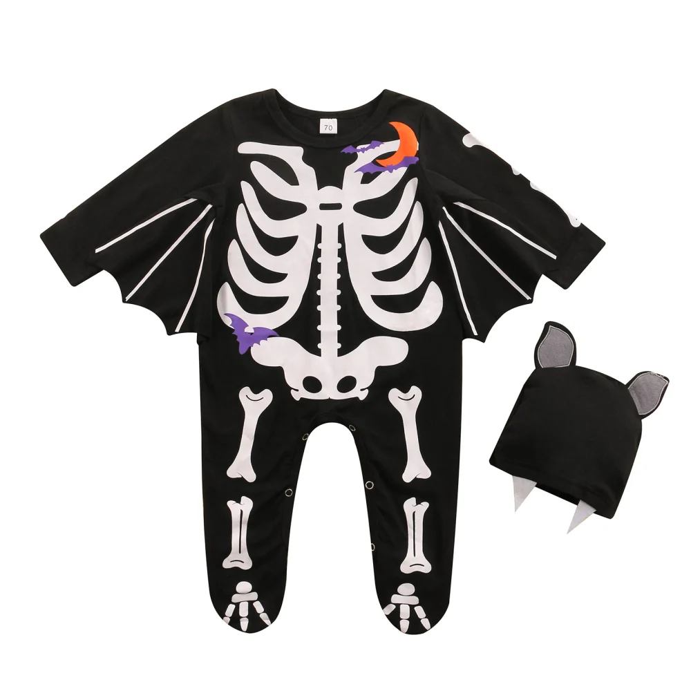 Baby Halloween Outfit, Skeleton Batwing Sleeve Footed Romper + Hat