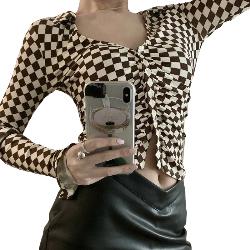 Women Crop Top, Long Sleeve V Neck Plaid Button Closure Tops