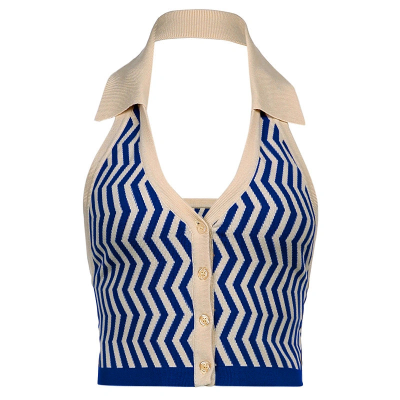 Women Halter Sleeveless Wavy Stripes Print Button Down Lapel Crop Tops