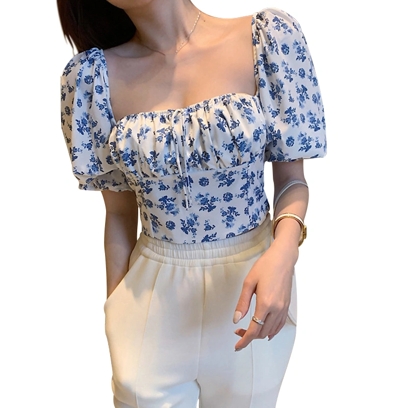 Women Square Neck Crop Tops Floral Print Short Puff Sleeve Shirts