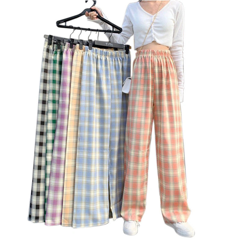 Women's Wide Leg Pants, High Waist Plaid Print Relaxed Fit Long Pants