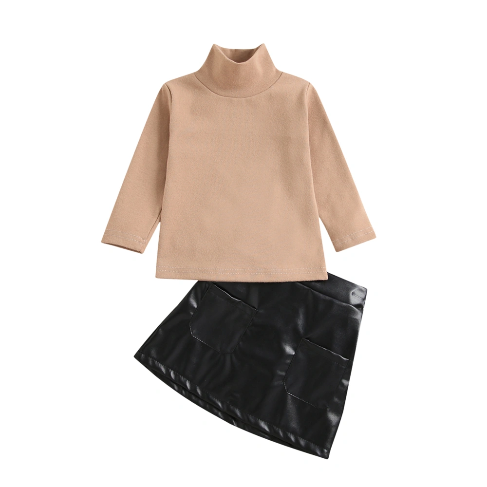 Sweet Style Little Girls Outfit, Long Sleeve Tops, PU Leather Skirt