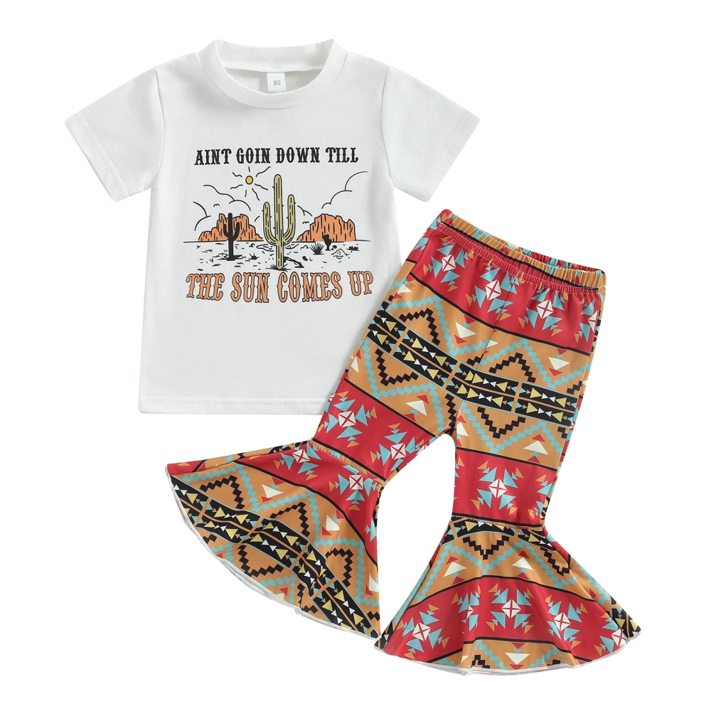 Girls Pants Set, Short Sleeve Letters T-shirt + Geometric Flare Pants