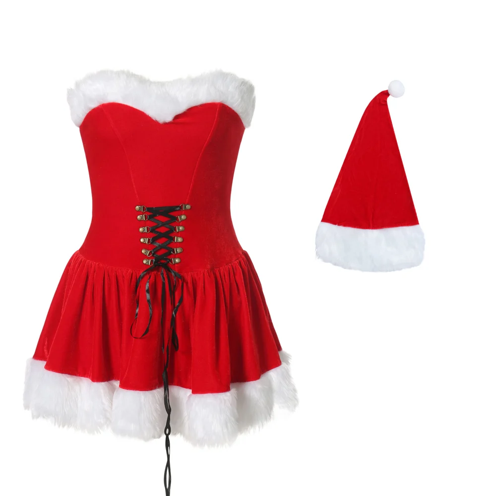 Women Christmas Dress Sleeveless Off Shoulder Plush Bandage Midi + Hat