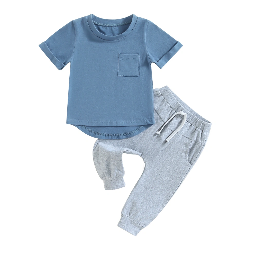 Baby 2Pcs Summer Outfits, Pocket T-Shirt + Elastic Waist Pants Set