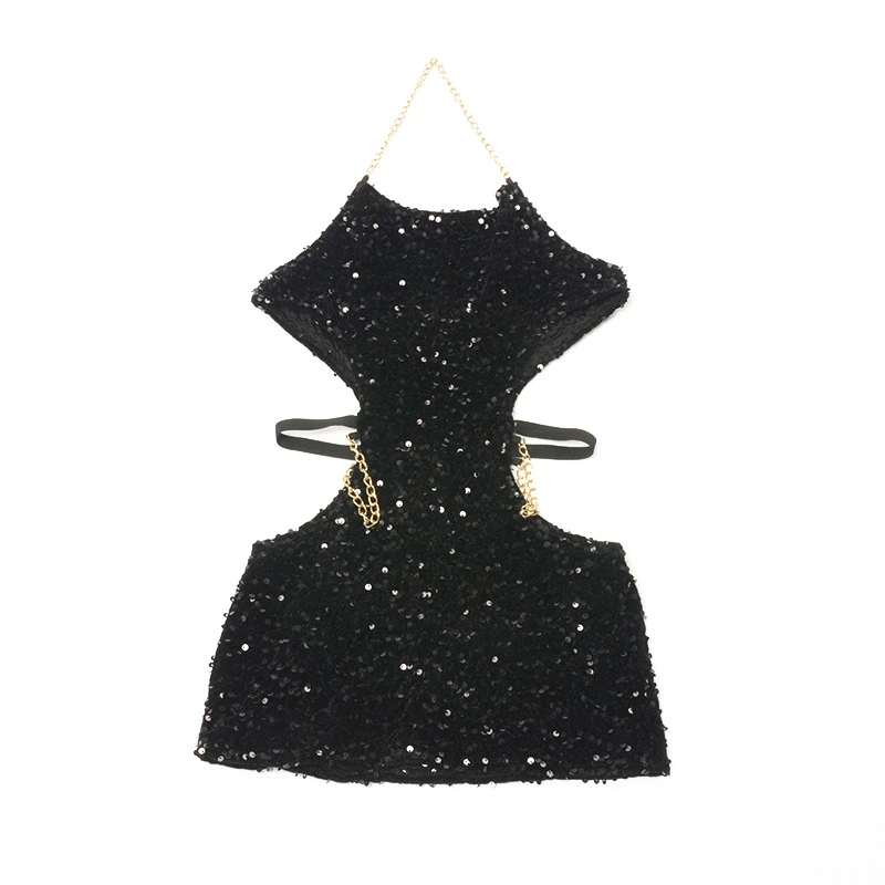 Women's Metal Chain Halter Neck Dress, Shine Sequin Waist Cutout Dress