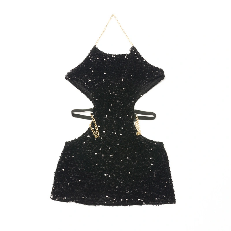 Women's Metal Chain Halter Neck Dress, Shine Sequin Waist Cutout Dress