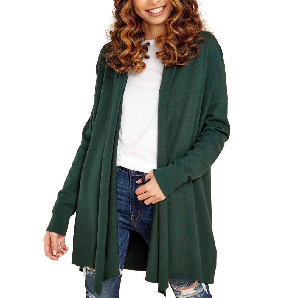 Women Open Front Cardigan, Adults Solid Color Long Sleeve Knitwear