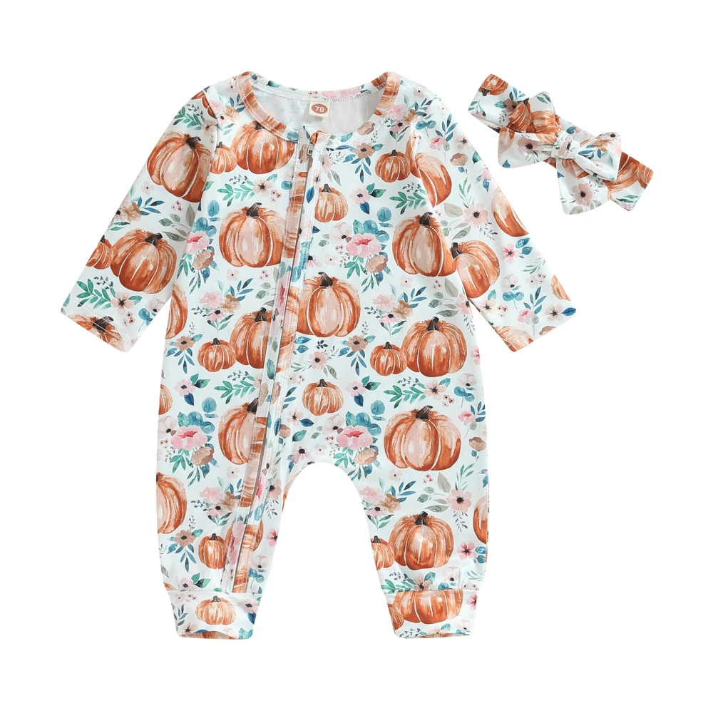 Baby Girls Fall Outfit, Pumpkin Flower Print Jumpsuit with Headband