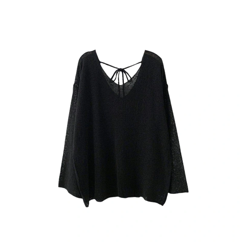 Female Solid Color V-Neck Long Sleeve Tie-Up Loose Tops Knitted Blouse