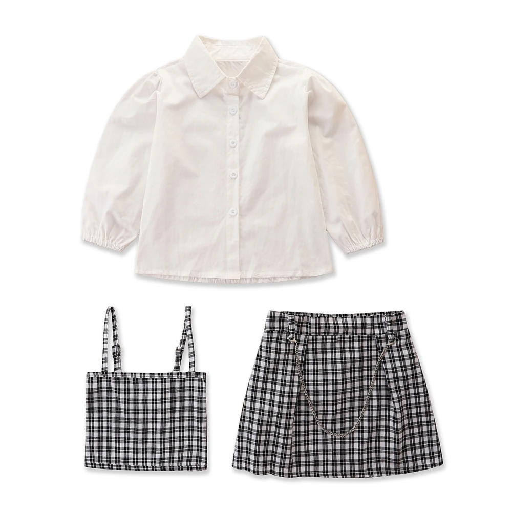 Kids Summer Outfit, Solid Color Shirt + Plaid Strappy Vest + Skirt