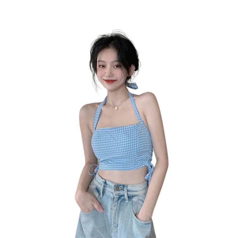 Female Camisole, Plaid Halter Neck Vest Crop Tops with Drawstring