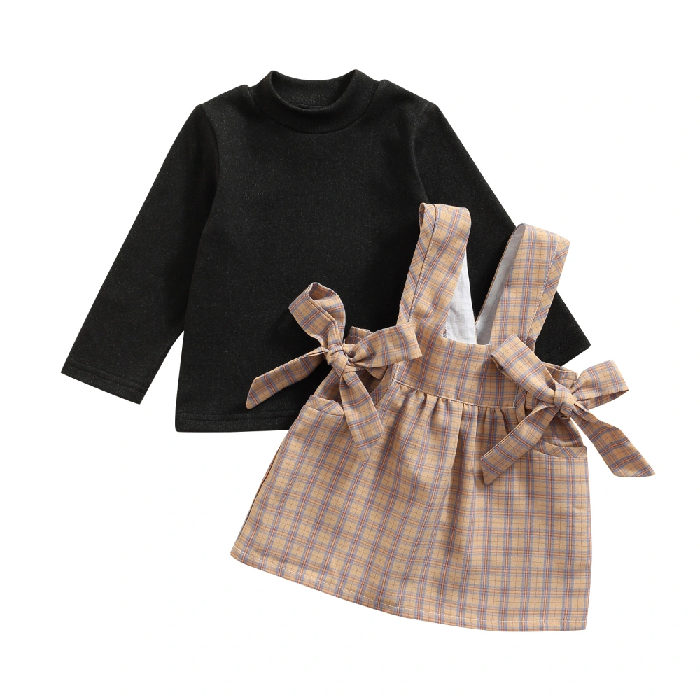 Solid Color Long Sleeve Pullover + Plaid Overalls with Pockets, Bows