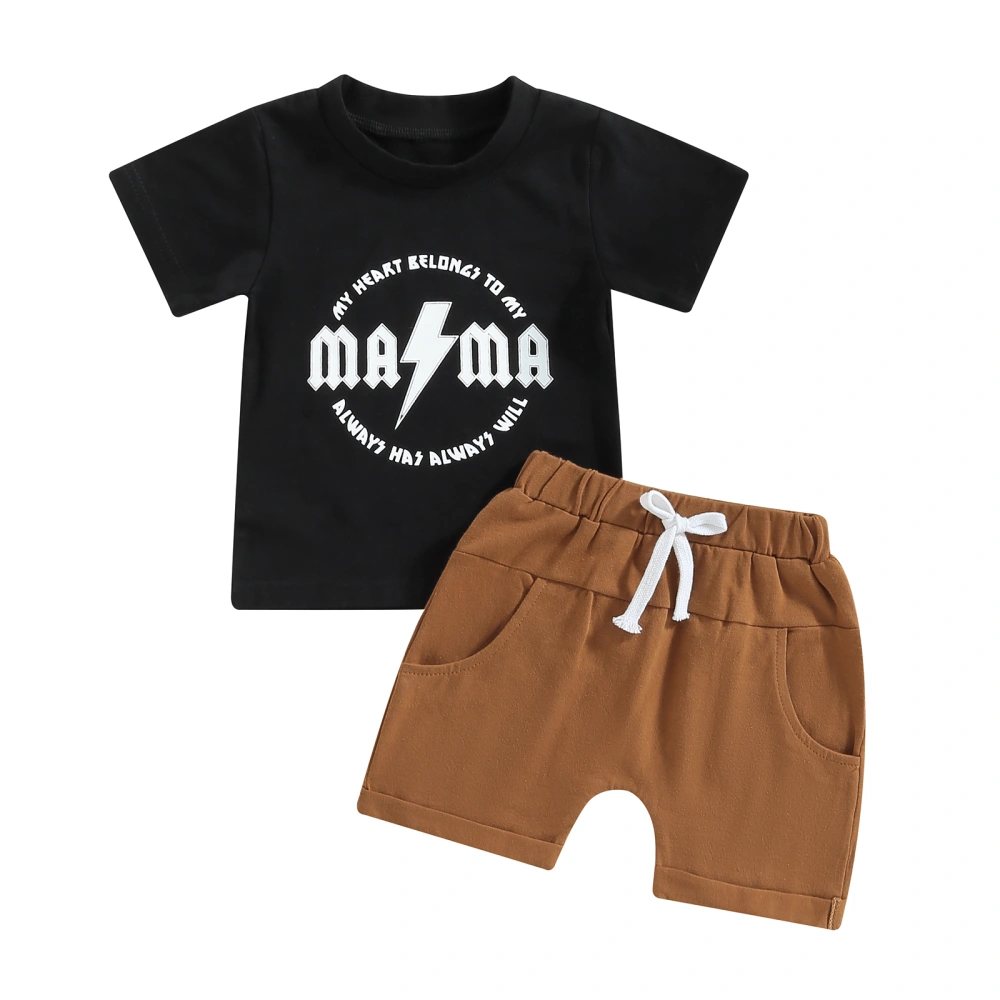 Boys Girls Short Sleeve Round Neck Letters Tops Drawstring Shorts 