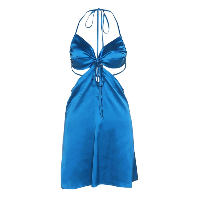 Women's Summer Blue Sleeveless Backless Hanging Neck Tie Up Dress