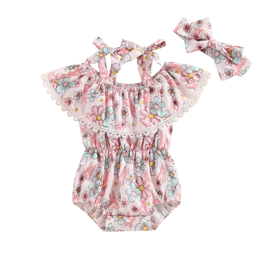 Baby Girl Easter Outfits, Sleeveless Bunny Floral Romper with Headband