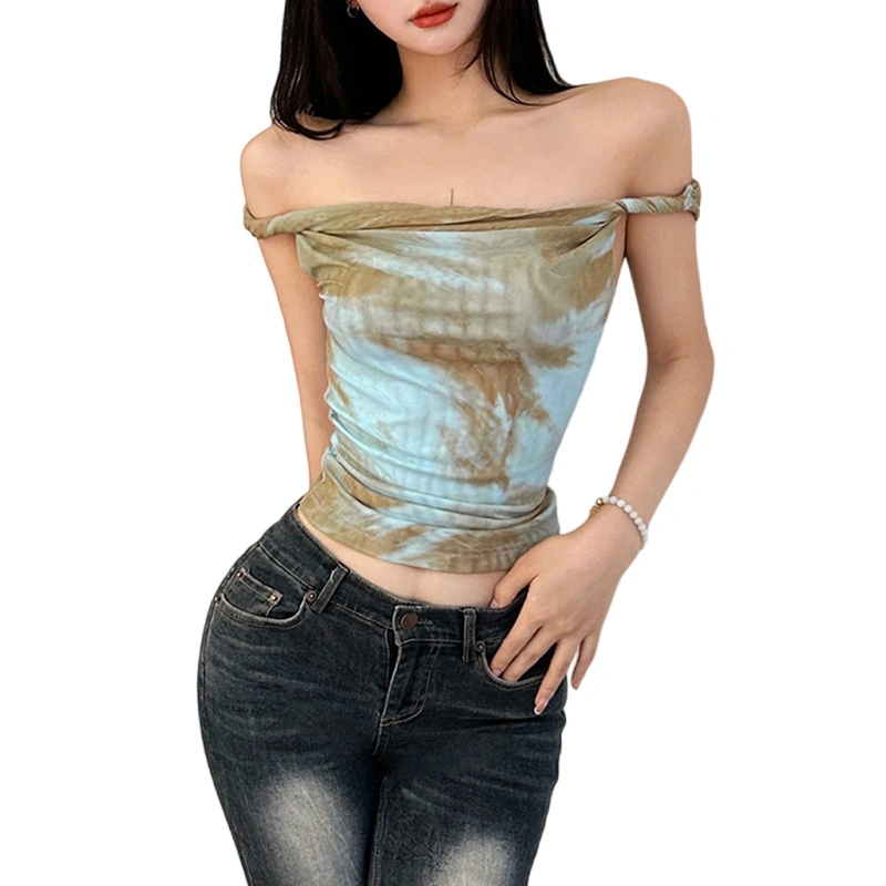 Women's Tie-Dye Print Tank Tops Off Shoulder Show Navel Ruched Vest 