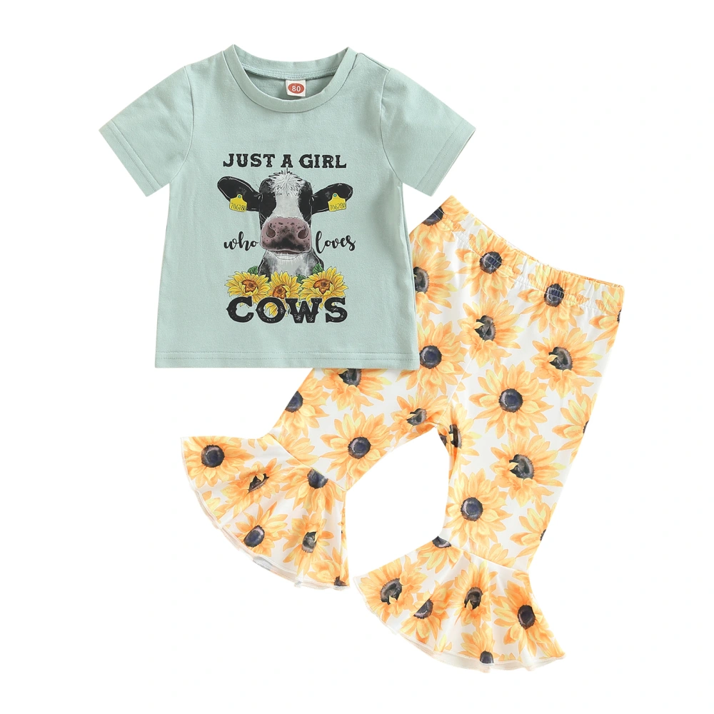 Girl Short Sleeve Letter Cow Print Tops + Sunflower Print Flared Pants