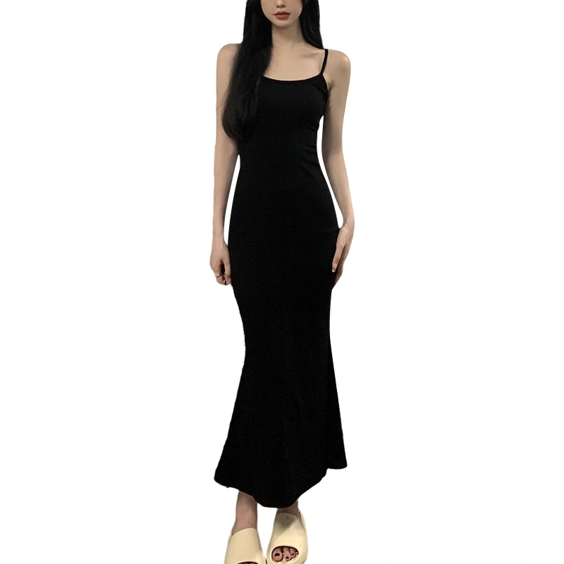 Women Wrapped Sleeveless Thin Straps Solid Color Long Sling Dress 