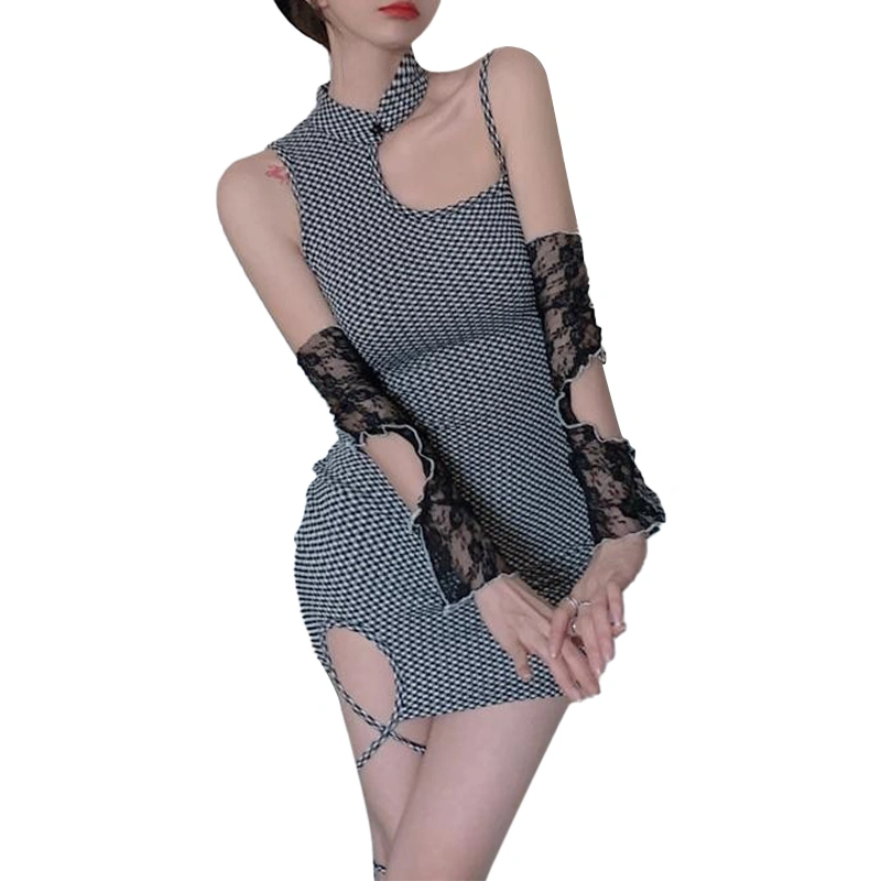 Women Black Houndstooth Print Hollow Out Sleeveless Wrap Skirt