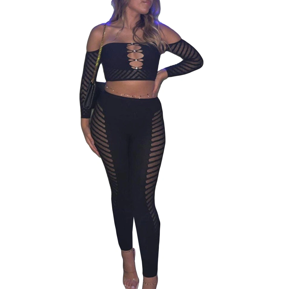 Women's Long Sleeve Off Shoulder Tube Tops Hollow Skinny Pants Sets