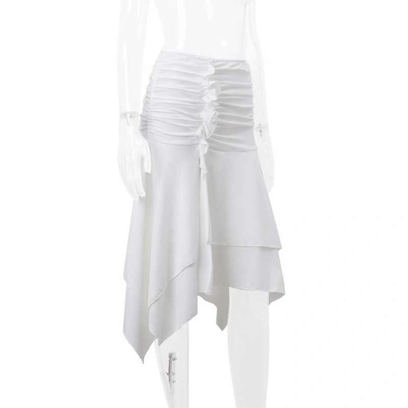 Women's Summer Irregular Skirt, Solid Ruched Ruffled Midi Skirt