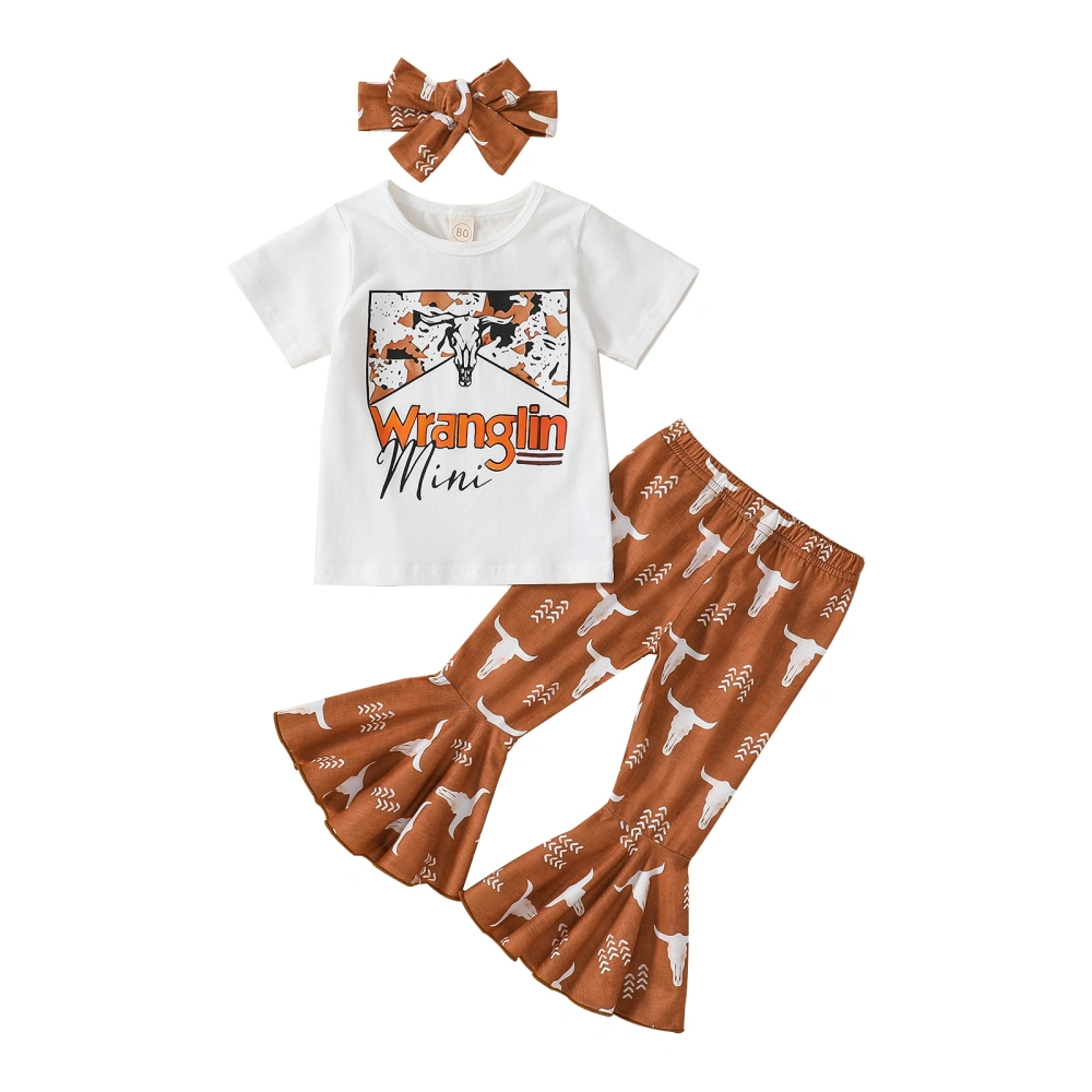 Girls White Short Sleeve Tops + Cattle Head Flared Pants + Headband