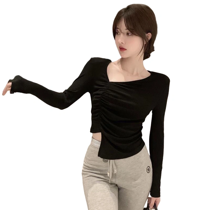 Women Crop Tops Solid Color Long Sleeve Ruched Irregular T-Shirts