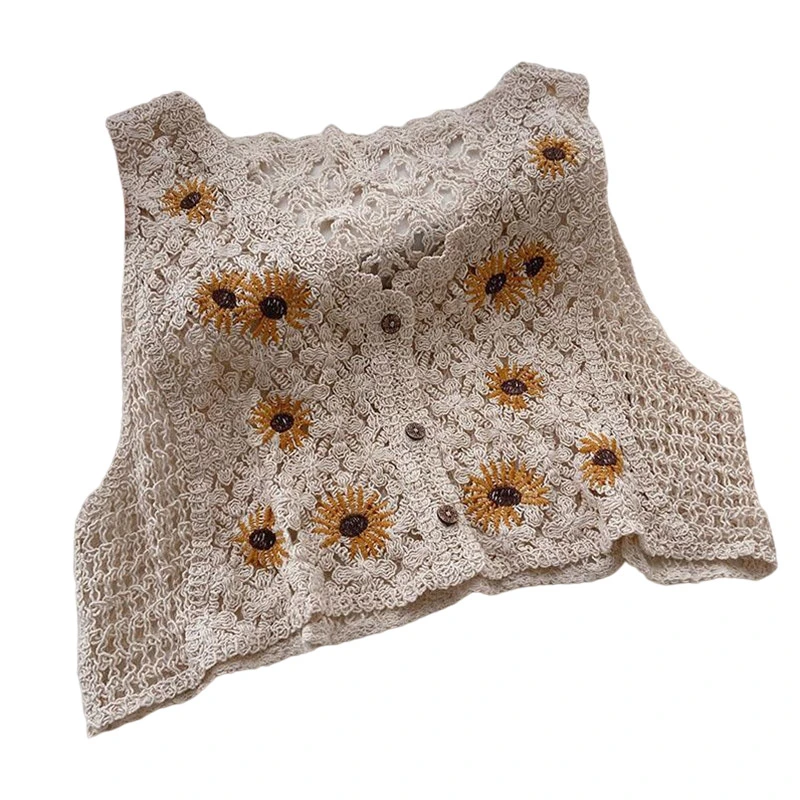 Women Vintage Vests Hollow-Out Knitted Daisy Pattern V-Neck Tank Tops