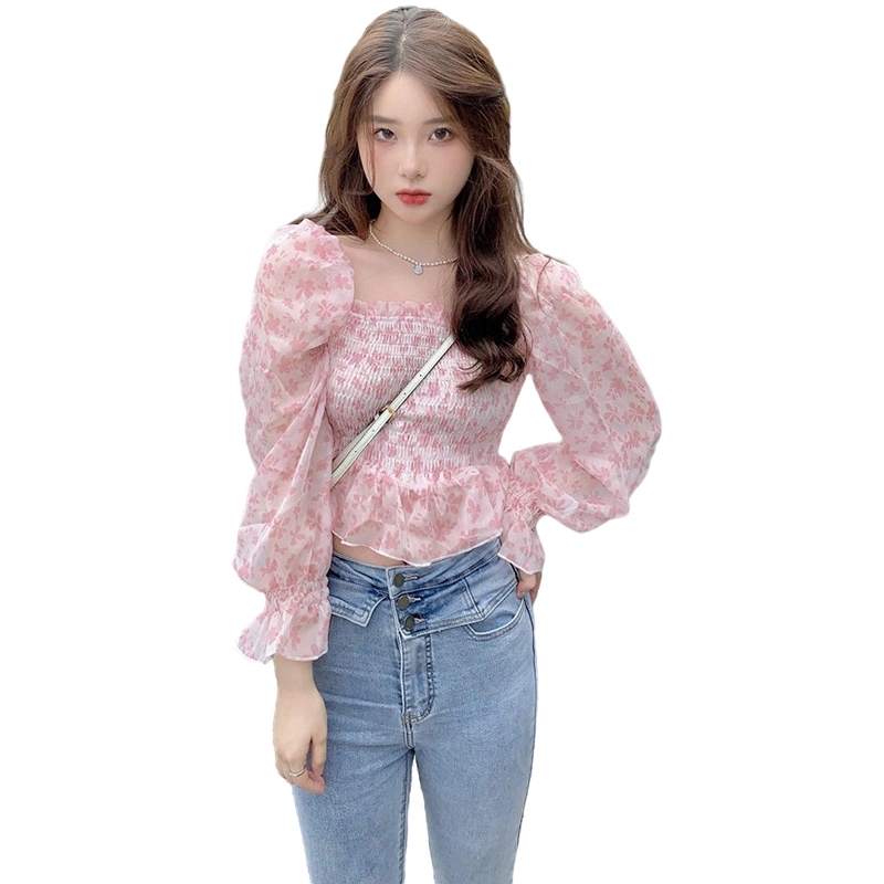 Women Long Sleeve Crop Tops Casual Square Neck Floral Chiffon T-shirt 