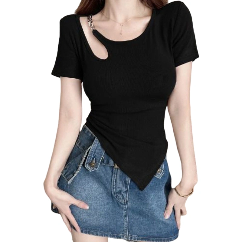 Women Tops Short Sleeve Metal Chain Patchwork Casual Tops, One Size  