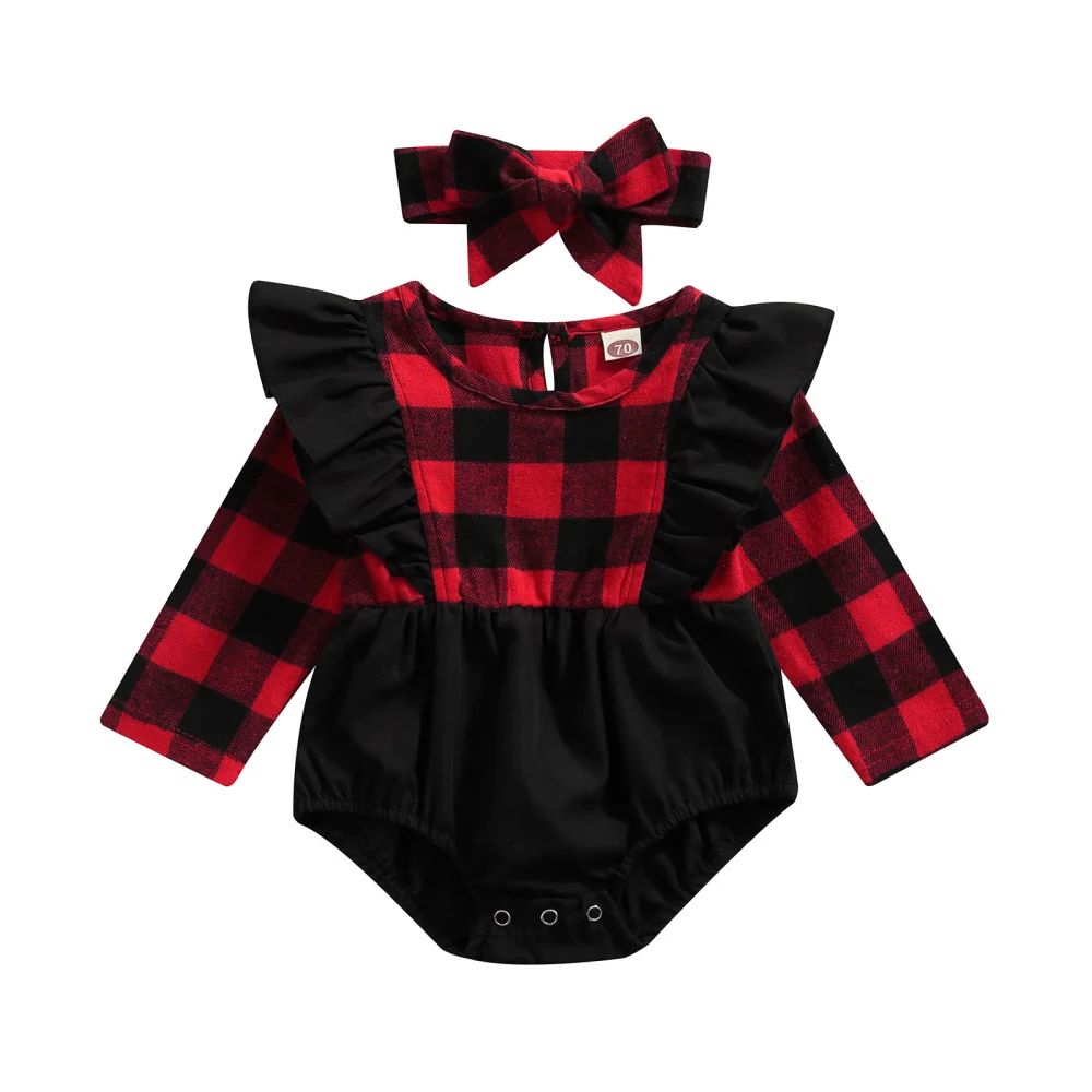 Baby Girls Clothes Set, Plaid Print Long Sleeve Romper and Headdress