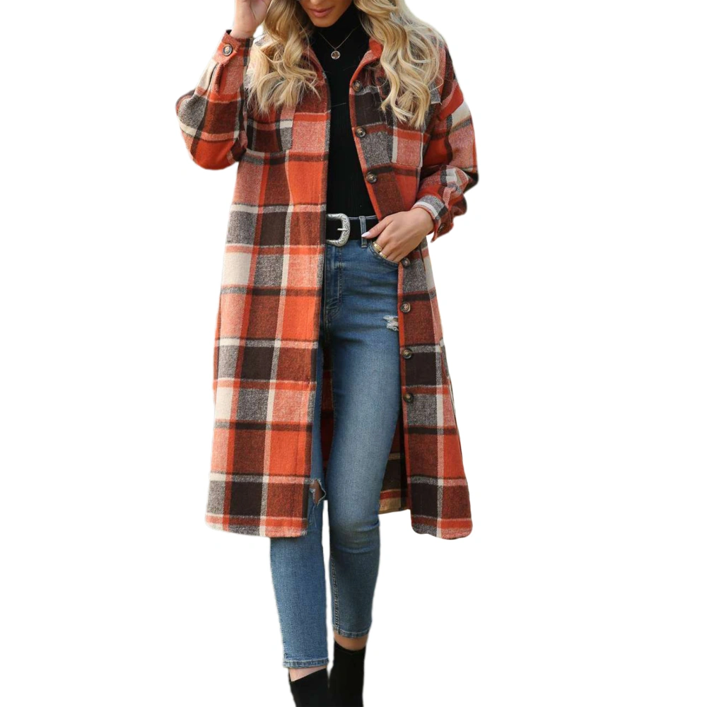 Ladies Shirt Long Coat, Lapel Plaid Side Split Single-breasted Outwear