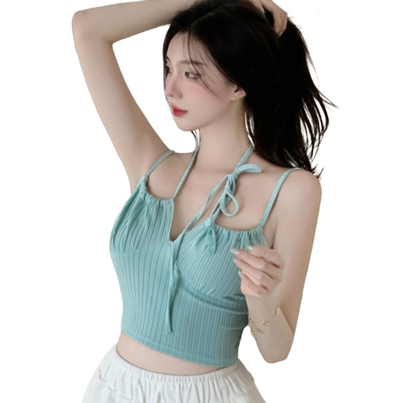 Women Crop Tops Sleeveless Hanging Neck Vest Blue Short Shirt