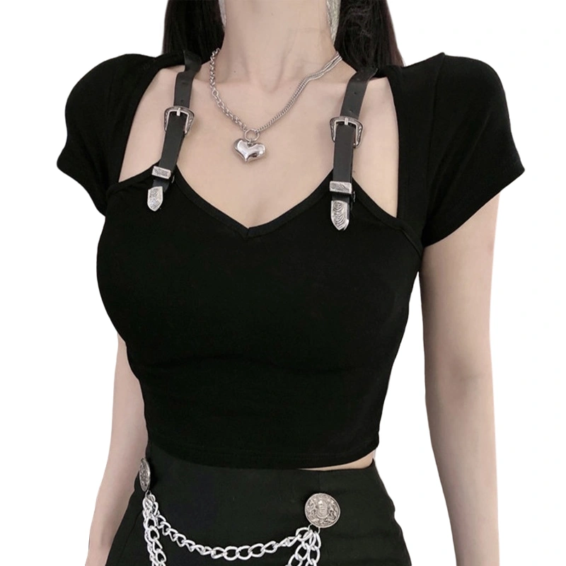 Women Goth Crop Tops, Gothic Solid Color Short Sleeve V-neck T-shirt