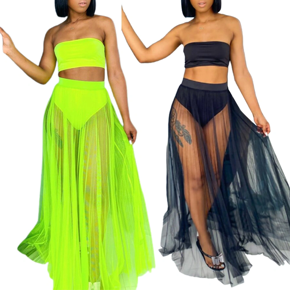 Women Swim Strapless Bandeau Tops + Swim Brief + Mesh Maxi Skirt