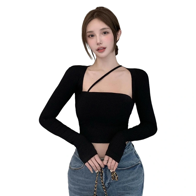 Women Fake Two-Piece Crop Tops Solid Color Square Collar T-Shirts