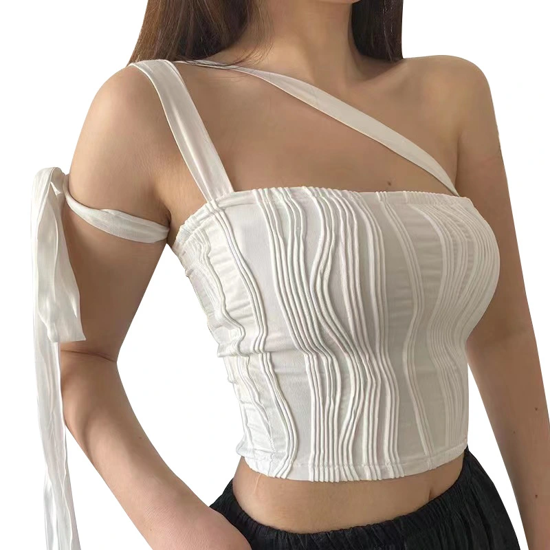 Women Summer Pleated Tank Tops Bandage Tie-up Slim Fit Crop Tops 