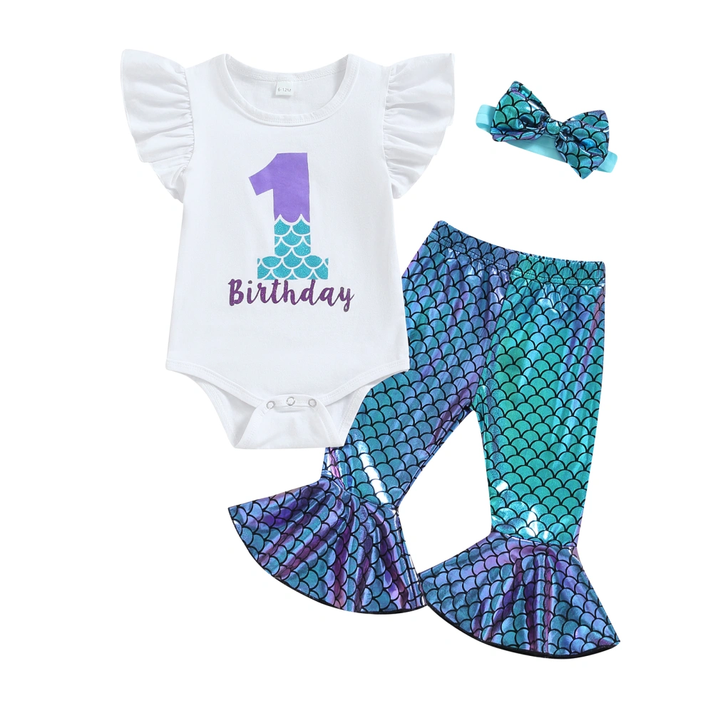 Baby Girls Birthday Outfits Romper and Mermaid Flared Pants Headband