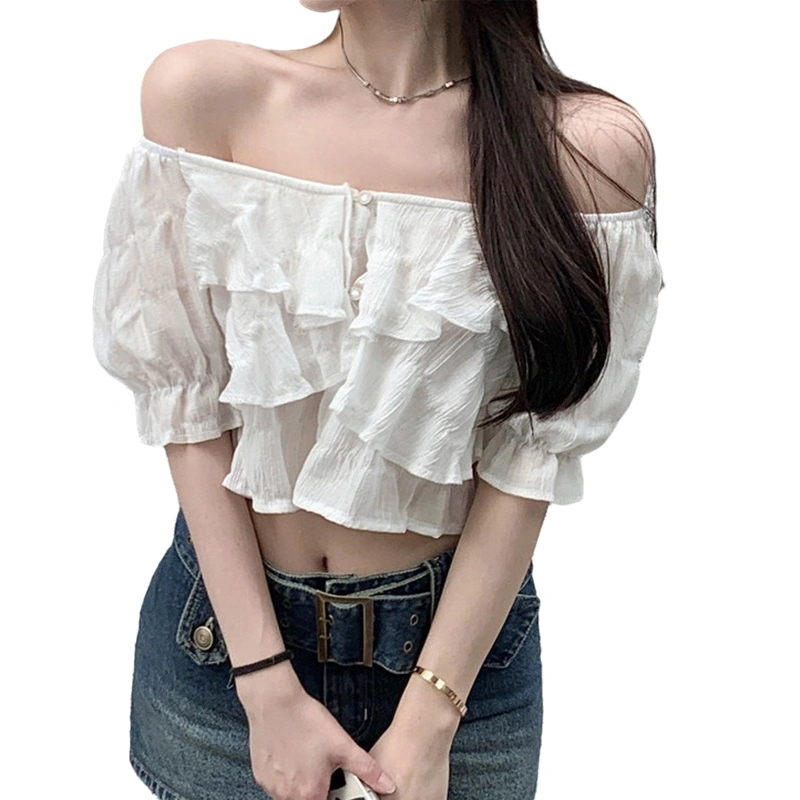 Women Button Down Off Shoulder Short Sleeve Ruffle Crop Tops