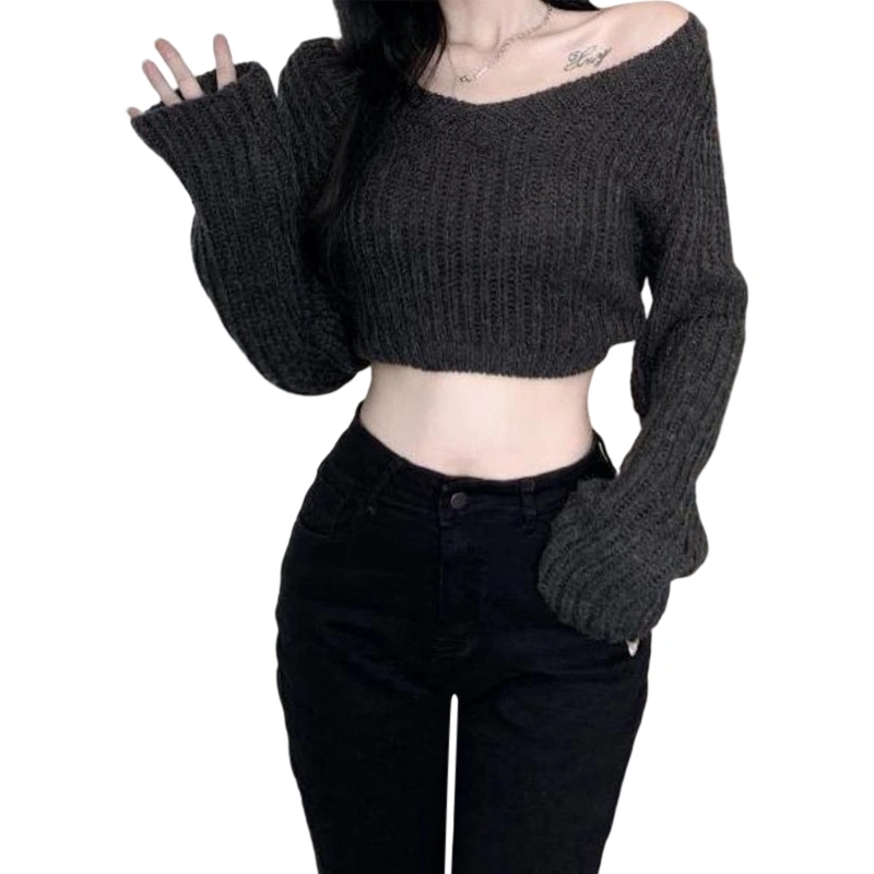 Women’s Slim Sweater, Solid Color Ribbed Long Sleeve V-Neck Knitwear