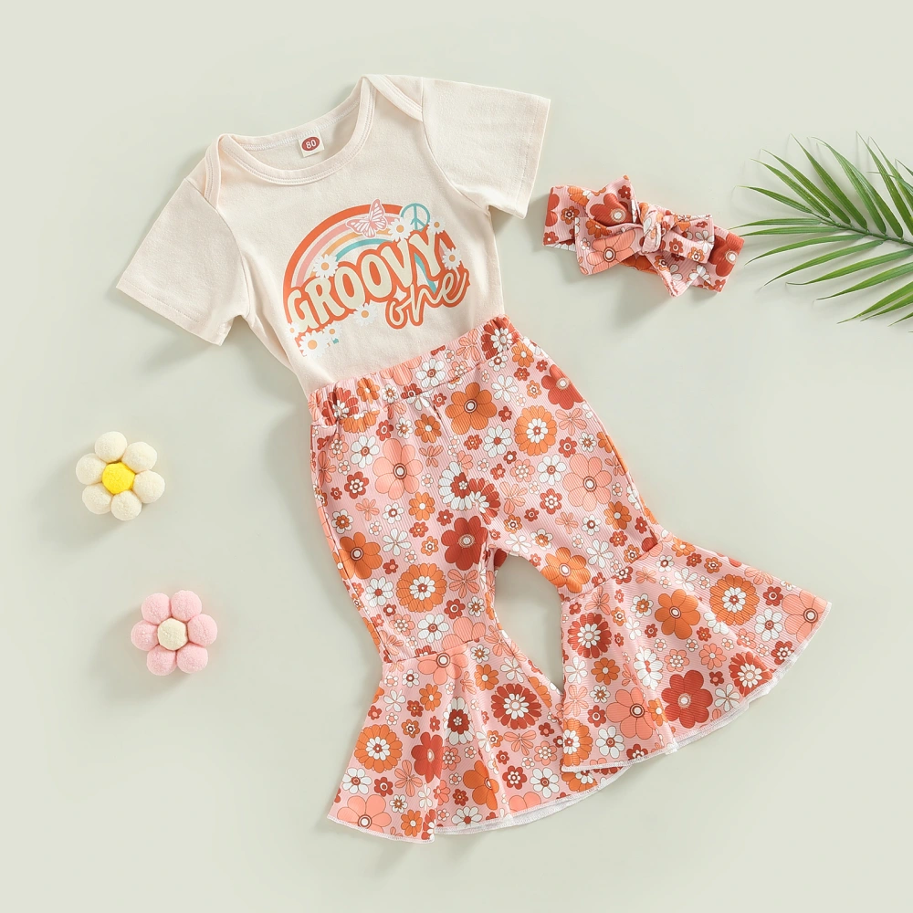 Baby Girls Pants Set, Letters Romper + Floral Flare Pants + Headband